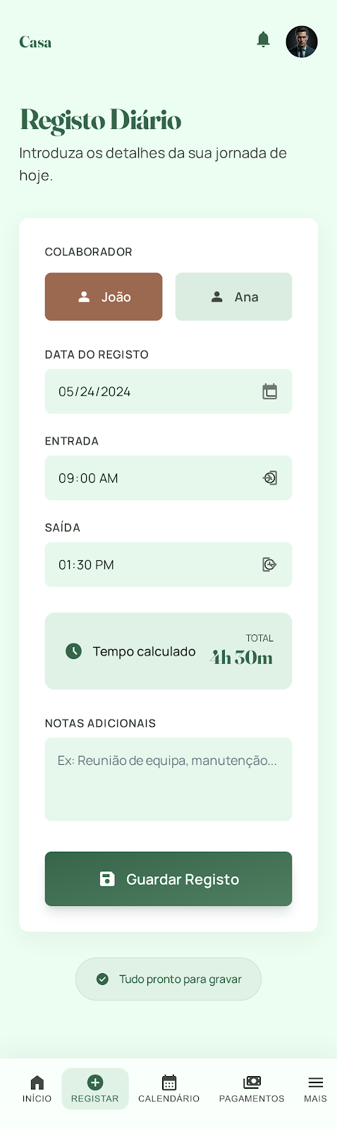 Register hours screen